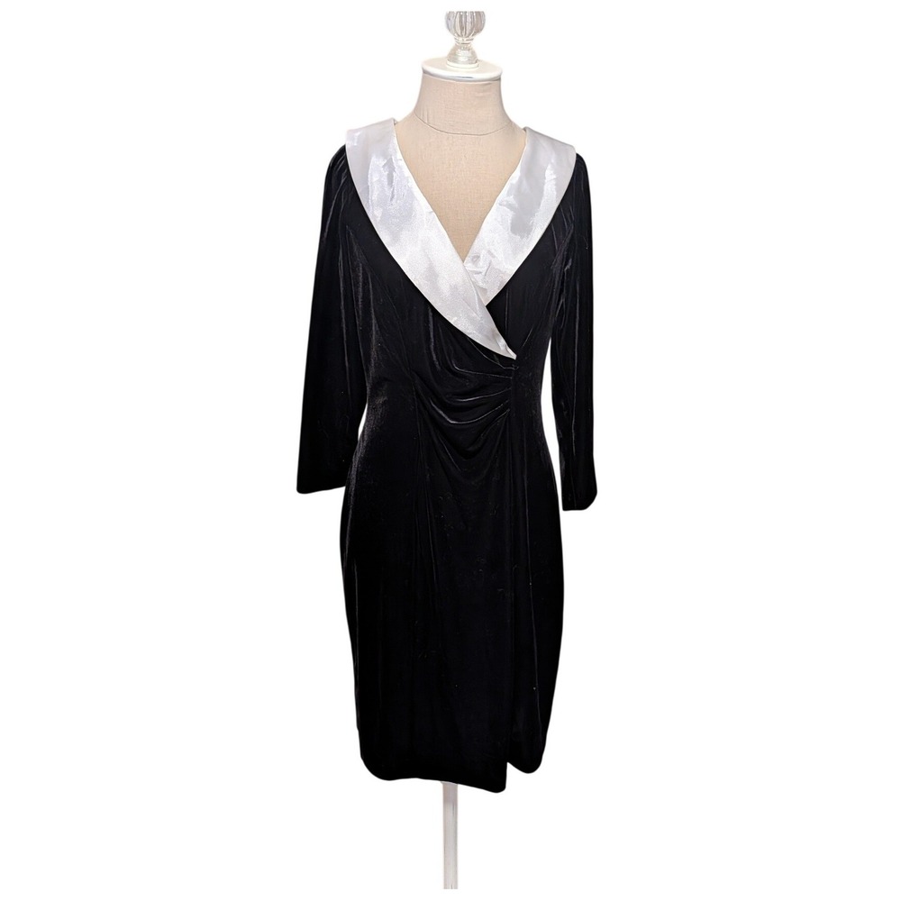 Black Stretch Velvet Tuxedo Dress White Satin Shawl Collar Ruched Size 10 LBD